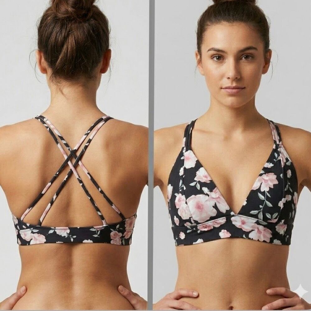 VS PINK Floral Lattice-Back Bralette – Black/Pink Pink Floral – Size Small-DD (S